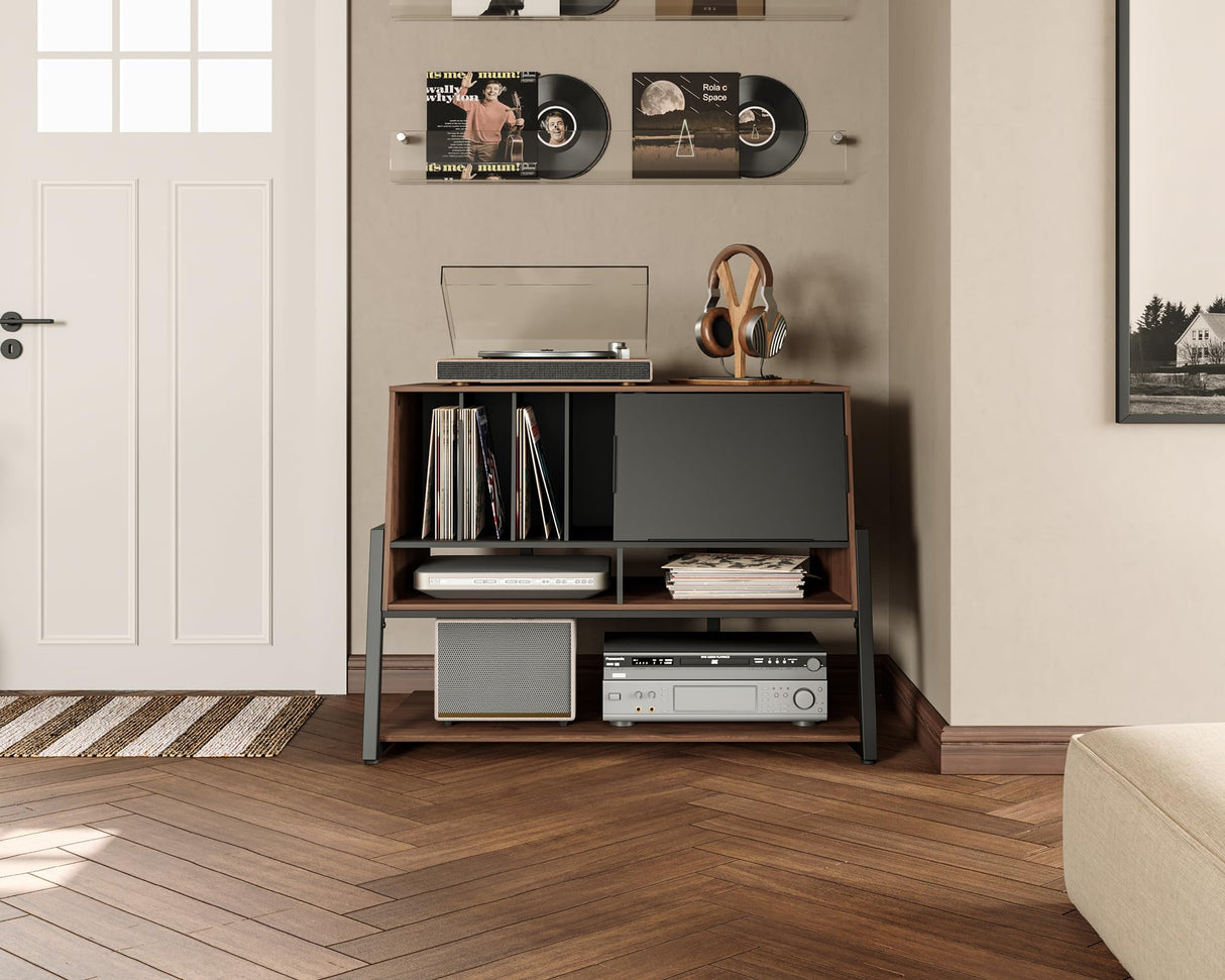 FITUEYES Design Record Player Stand with Vinyl Storage, Entertainment Center up to 120 Albums, Large Record Player Cabinet with Storage, Record Player Table for Living Room, Eiffel Series FITUEYES