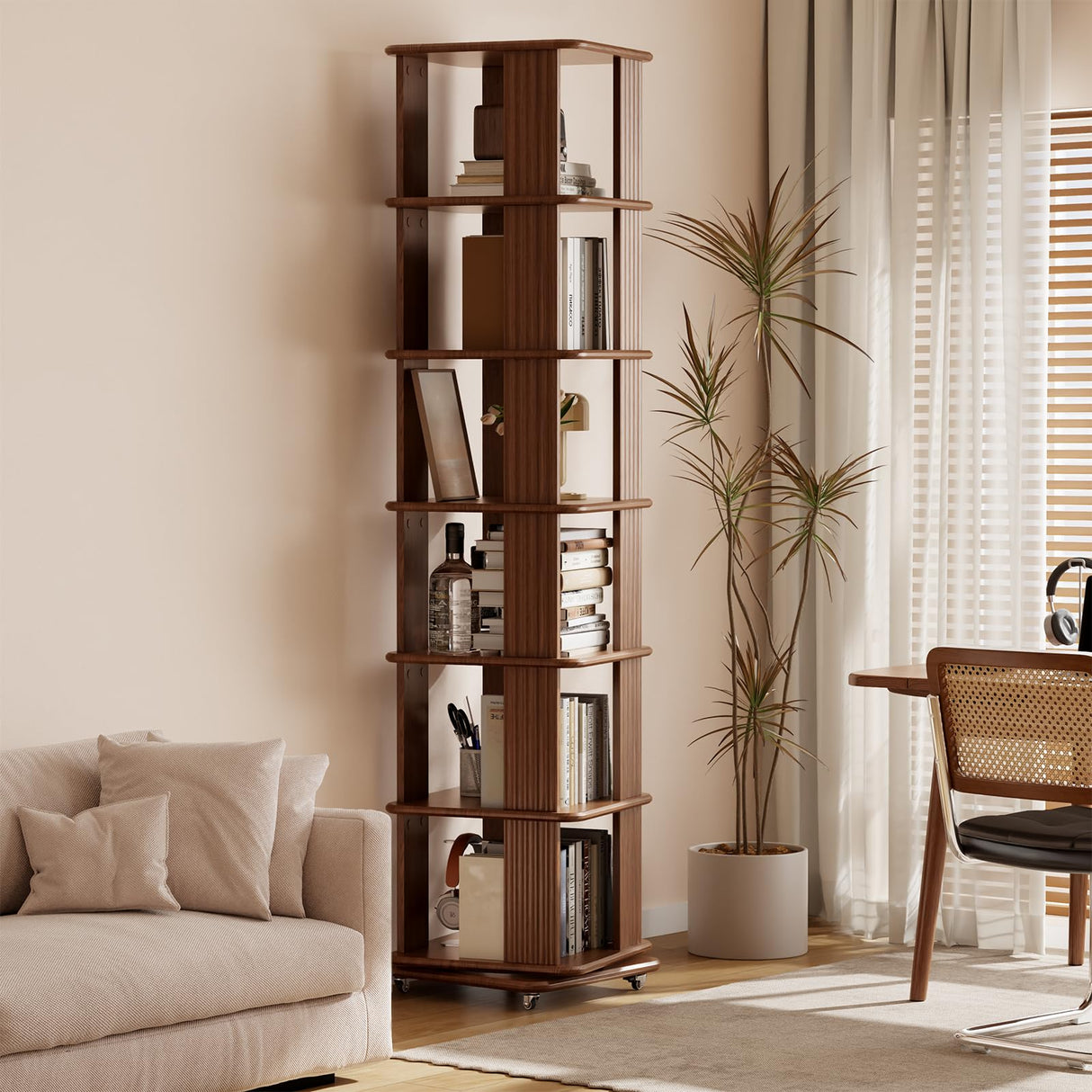 DONGMUWUJEE Solid Wood Rotating Bookshelf, 6-Tier Rolling Book Shelf,360 Degree Revolving Bookcase,Spinning Bookshelf Tower for Small Spaces, Corner, Bedroom,Office,Living Room,Classroom (Walnut) DONGMUWUJEE