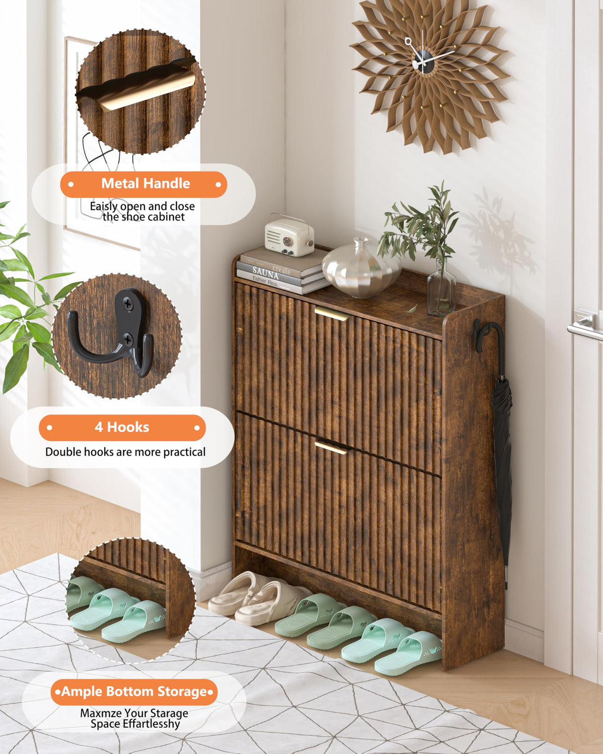 Piskyet Shoe Storage Cabinet with 2 Flip Drawers, Morden Fluted Narrow Shoes Rack Organizer Cabinet for Entryway with Anti-tilt Device,Hidden Handles,Rustic Brown Piskyet