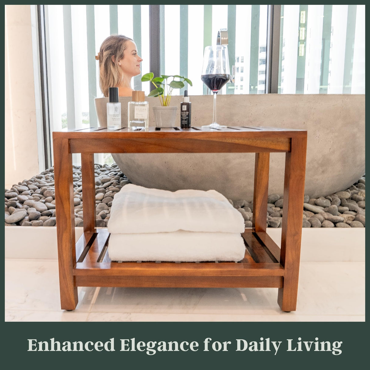 Teak Shower Bench - with Shelf, 25 Inch, Wooden Seat Stool for Bathroom, Spa, Garden, Fully Assembled, The Akar 25 The Teaky Hut