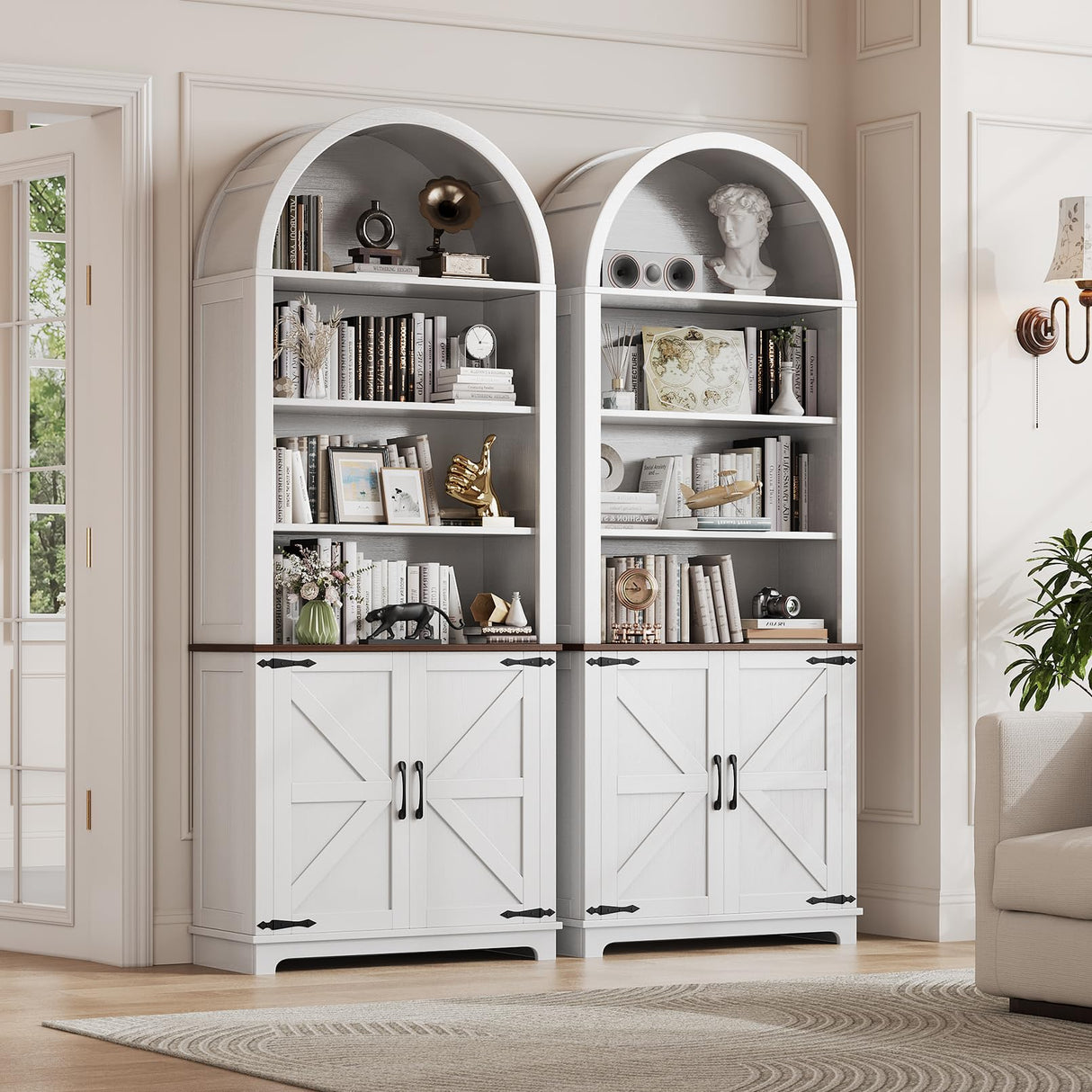 Vividwood 6-Tier Farmhouse Arched Bookshelf Bookcase with Doors, 70" Tall Storage Cabinet and Display Shelves, Open Shelves for Living Room or Office, White Vividwood