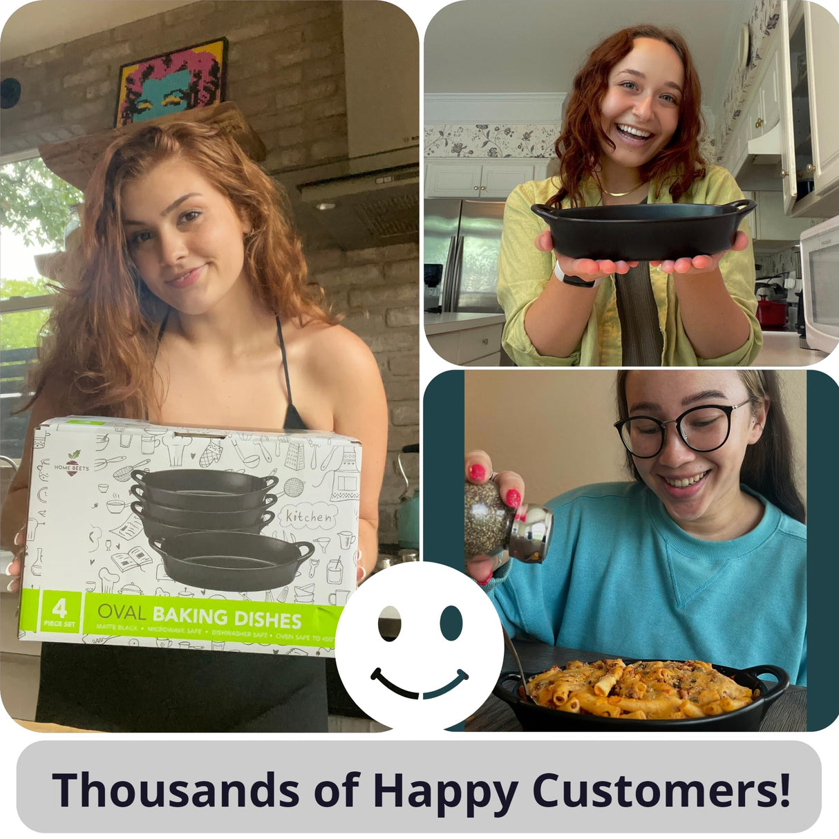 Oval Au Gratin Baking Dishes for Oven Safe and Microwave Cooking and Baking, 4 Pc. Dish Set, Heat Resistant Ceramic with Handles for Serving, Small Mini Casserole Dish, 8” x 5”, 16 oz, Matte Black Home Beets