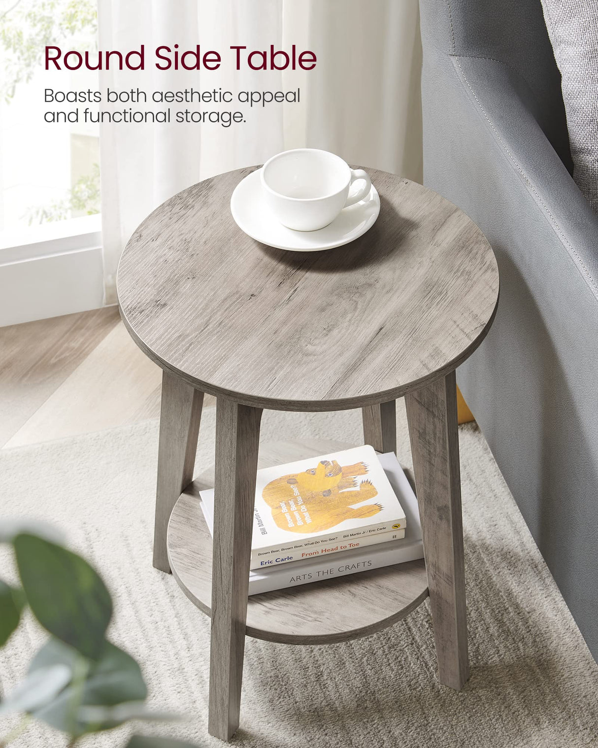 VASAGLE Side Table, Small Round End Table with Lower Shelf, Nightstand for Small Spaces, Living Room, Bedroom, Greige ULET283T02 VASAGLE