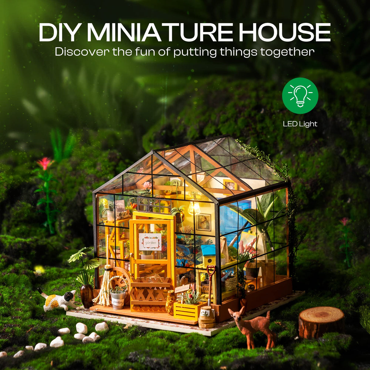 ROBOTIME DIY Dollhouse Wooden Miniature Furniture Kit Mini Green House with LED Best Birthday Gifts ROBOTIME