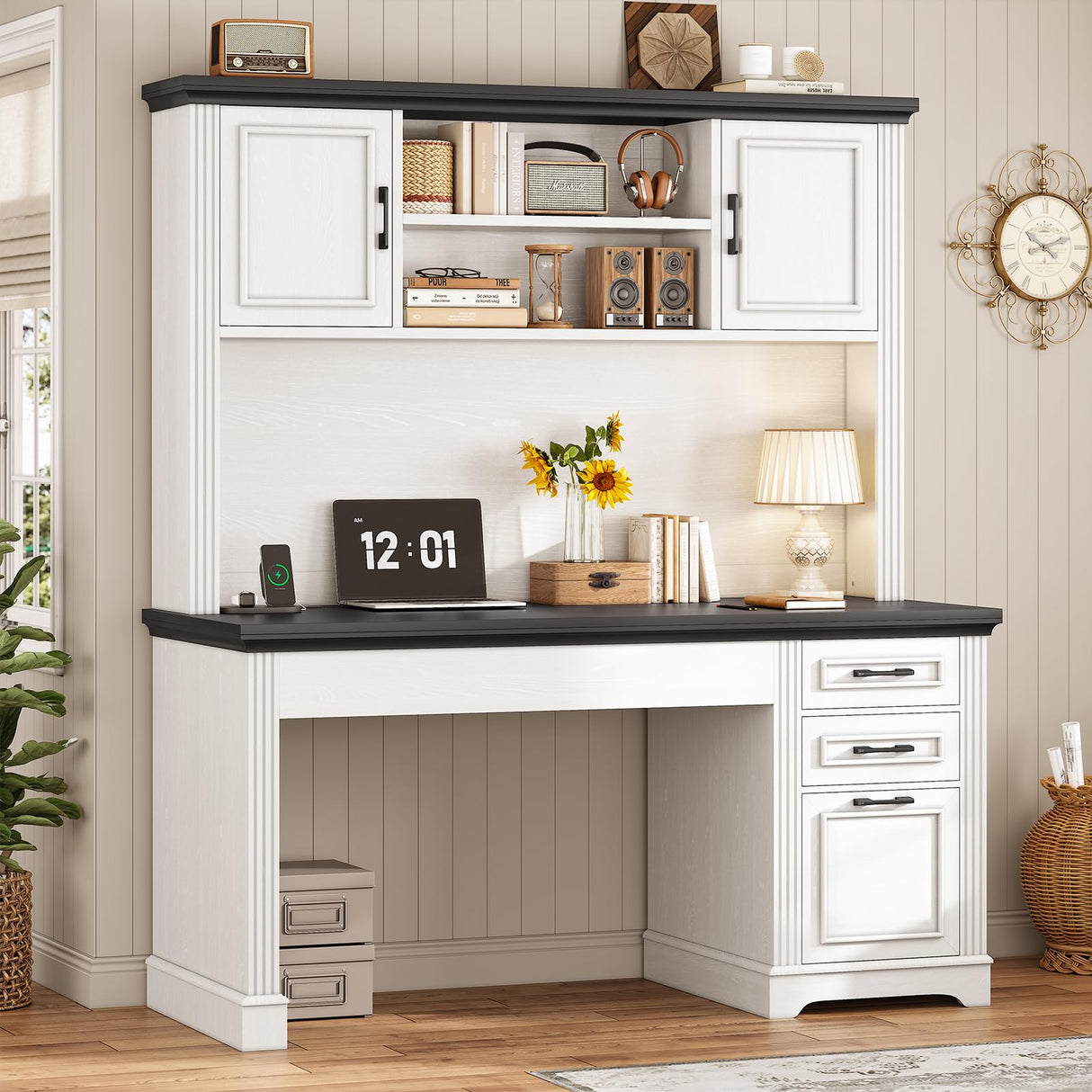 SEDETA Farmhouse Computer Desk with Hutch and 3 Drawers, 47.2" Executive Office Desk with Storage Drawers, Wood Desk with Power Outlet for Home Office, White SEDETA