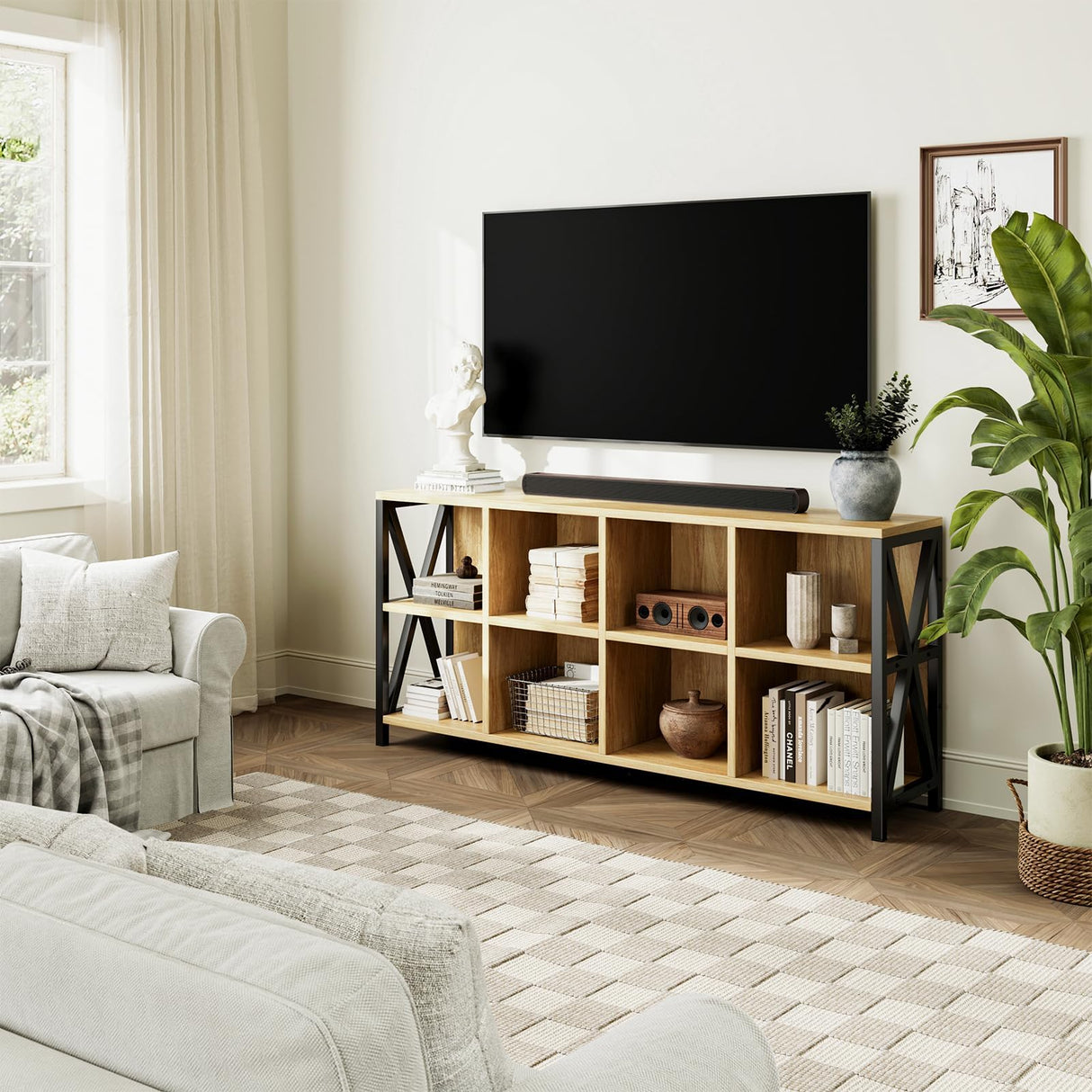 CABZOON 63" 8 Cube Horizontal Bookshelf Long Bookshelf Wood Cube Storage Organizer Wood Cubby Bookcase for Living Room Maple CABZOON