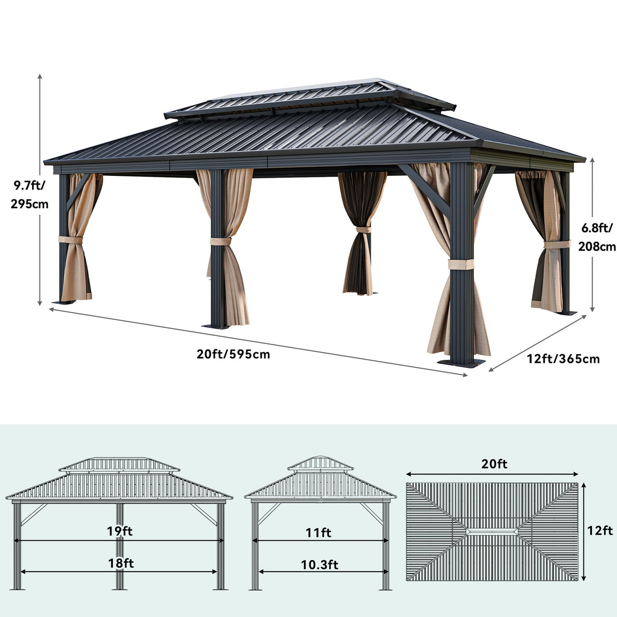 YITAHOME 12x20ft Gazebo Double Roof Hardtop Canopy Outdoor Heavy Duty w/Nettings and Curtains, Upgraded Aluminum Column Galvanized Steel Vertical Stripes Roof for Patio, Backyard, Deck, Lawns, Brown YITAHOME