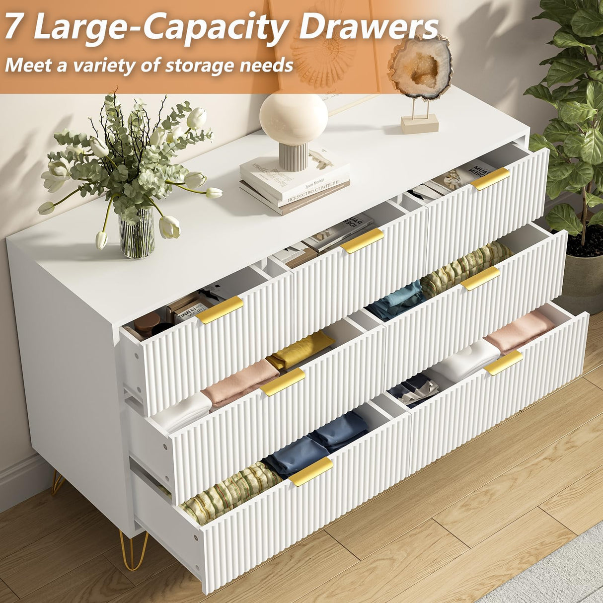 LYNSOM Dresser for Bedroom, Modern 7 Drawer White Dresser with Metal Handles and Wide Drawer, Wood Chest of Drawers for Living Room LYNSOM