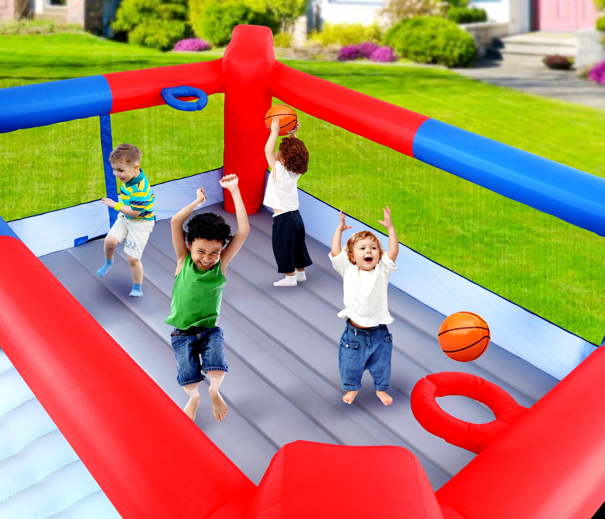 WELLFUNTIME Inflatable Bounce House with Slide, 15.3ft x 14.7ft, Jumping Castle with Blower, Dartboard, Dual Basketball Hoop, Dual Kicking Boards, Jumping Area for 6 Kids WELLFUNTIME