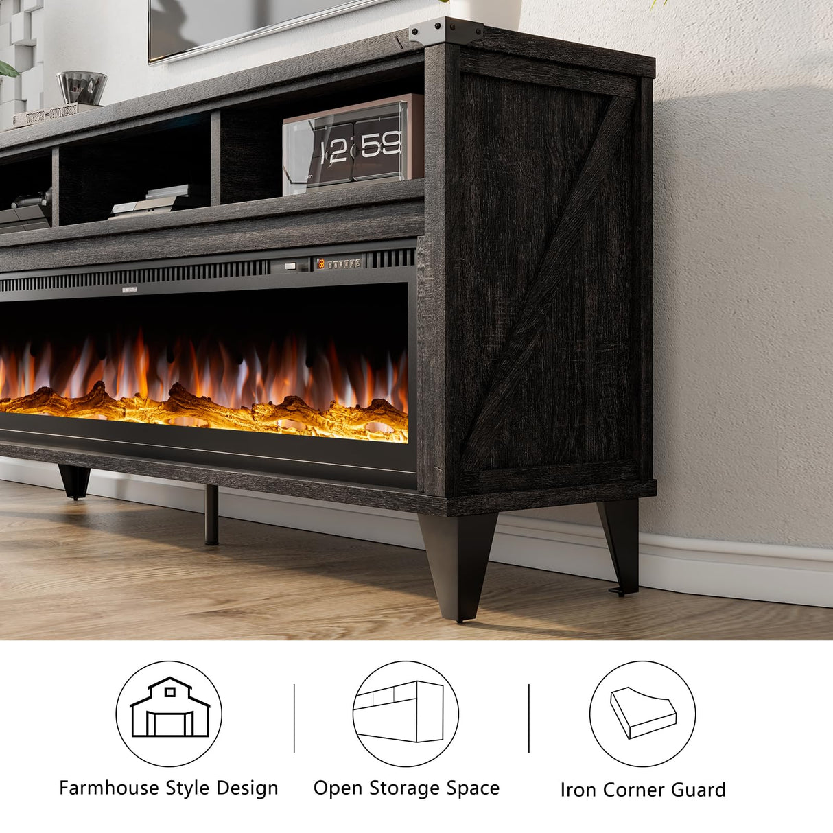 LUXOAK 65“ Fireplace TV Stand, Farmhouse Entertainment Center with 60" Tempered Glass Electric Fireplace, Industrial Media Console with Open Storage Space for TVs up to 75", Black LUXOAK