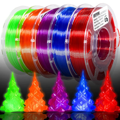LOCYFENS PETG Filament 1.75mm, Clear Transparent Filament 5 Colors, 3D Printer Filament Bundle Multicolor, 1.75 PETG +/- 0.02mm, 3D Printing Red Green Blue Purple Orange 200g x 5 Spools