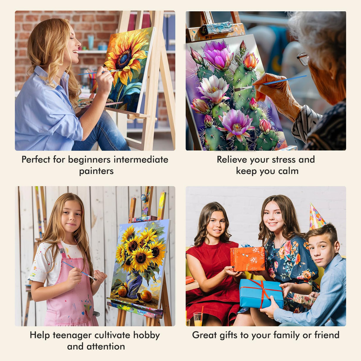 Bowetile 4 Pack Flowers Paint by Numbers for Adults Beginners Framed, Sunflower Adults' Paint-by-Number Kits, Easy Adult Paint by Number Kits on Canvas, Acrylic Number Painting for Home Decor, 8x12in Bowetile