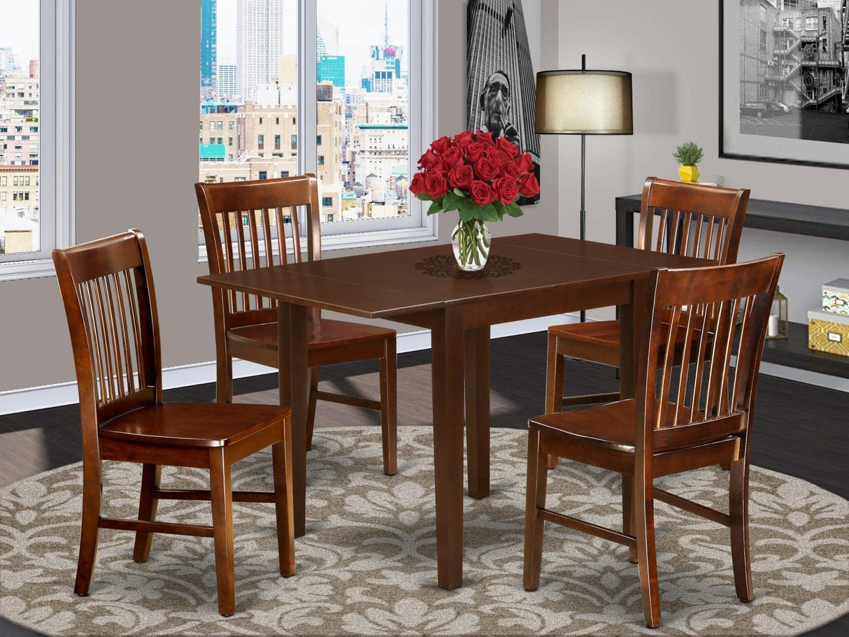 East West Furniture NDNO5-MAH-W 5 Piece Dining Room Table Set Includes a Rectangle Dining Table with Dropleaf and 4 Wood Seat Chairs, 30x48 Inch, Mahogany East West Furniture