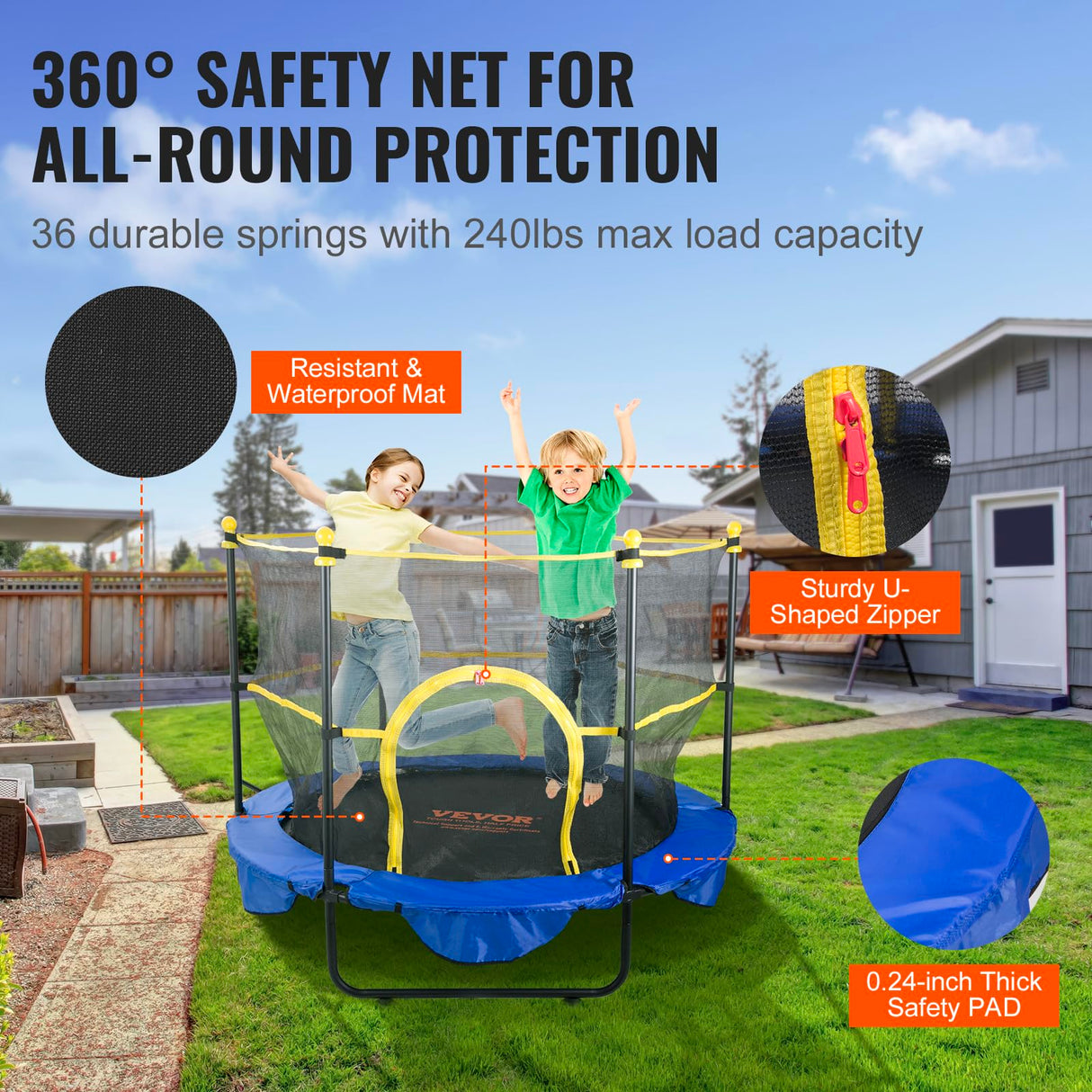VEVOR 5FT Trampoline for Kids, 60" Indoor Outdoor Trampolines with Safety Enclosure Net, Basketball Hoop and Ocean Balls, Mini Toddler Recreational Birthday Gifts for 3+ Years Kids VEVOR