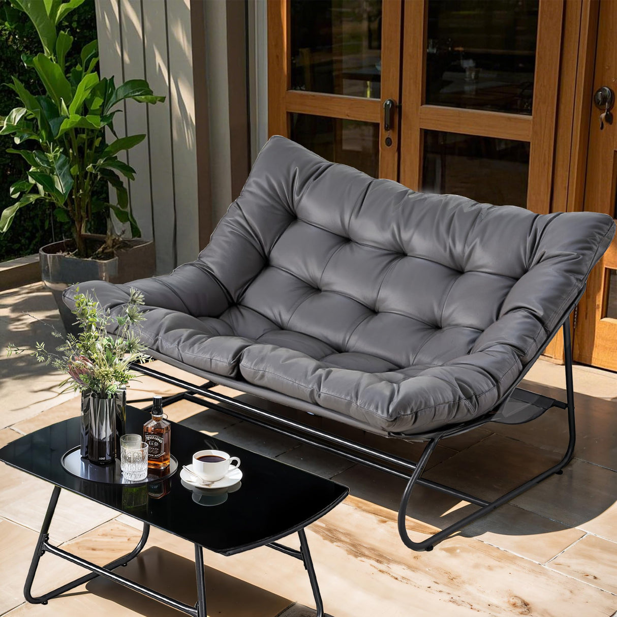 NOBLEMOOD 2 Pieces Patio Loveseat Set with Coffee Table, Outdoor Indoor Cushioned Love Seat, Metal Frame Oversized 2 Seater Chair for Porch, Garden, Living Room, Balcony NOBLEMOOD
