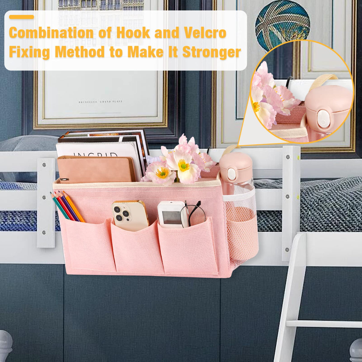 Lilithye Bedside Caddy Bedside Organizer Bedside Storage Caddy with Fixed Straps and Water Bottle Holder for Home College Dorm Bunk Bed Hospital Bed Crib Bed Rails (Pink) Lilithye