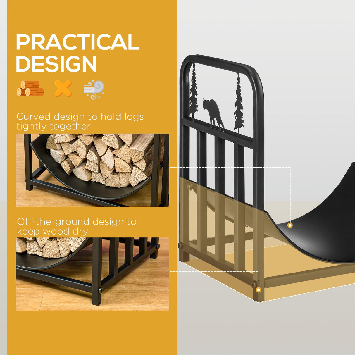 Outsunny Firewood Rack, Indoor Outdoor Firewood Holder, Curved Bottom with Bear and Tree Theme for Fireplace, Wood Stove, Hearth or Fire Pit, Black Outsunny