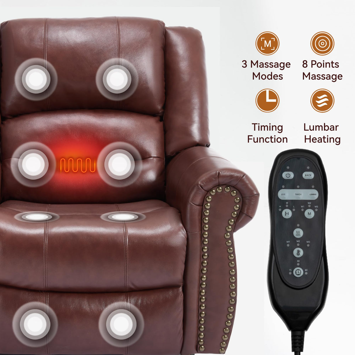 Power Lift Recliner Chair for Elderly, Dual Motor Massage Recliner with Lumbar Heat, Heavy Duty Motion Mechanism Lift Chair with Charge Ports, Genuine Leather - Red Luxlen