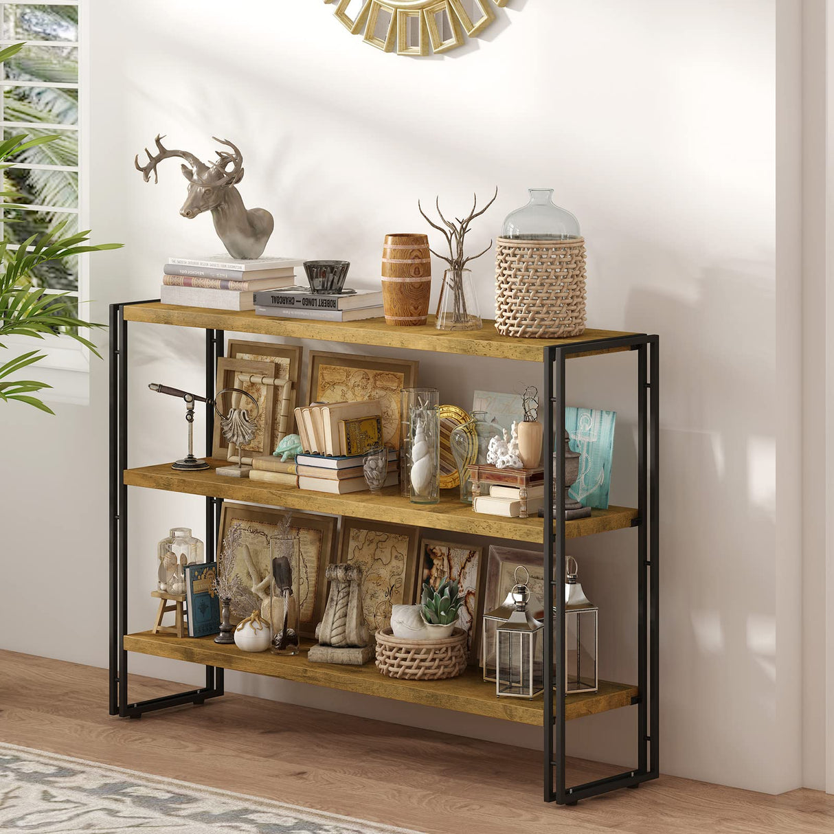 Rustic Wood and Metal 3-Tier Industrial Bookshelf – Perfect for Home Office, Bedroom, Kitchen, or Bathroom (47in) HCHQHS