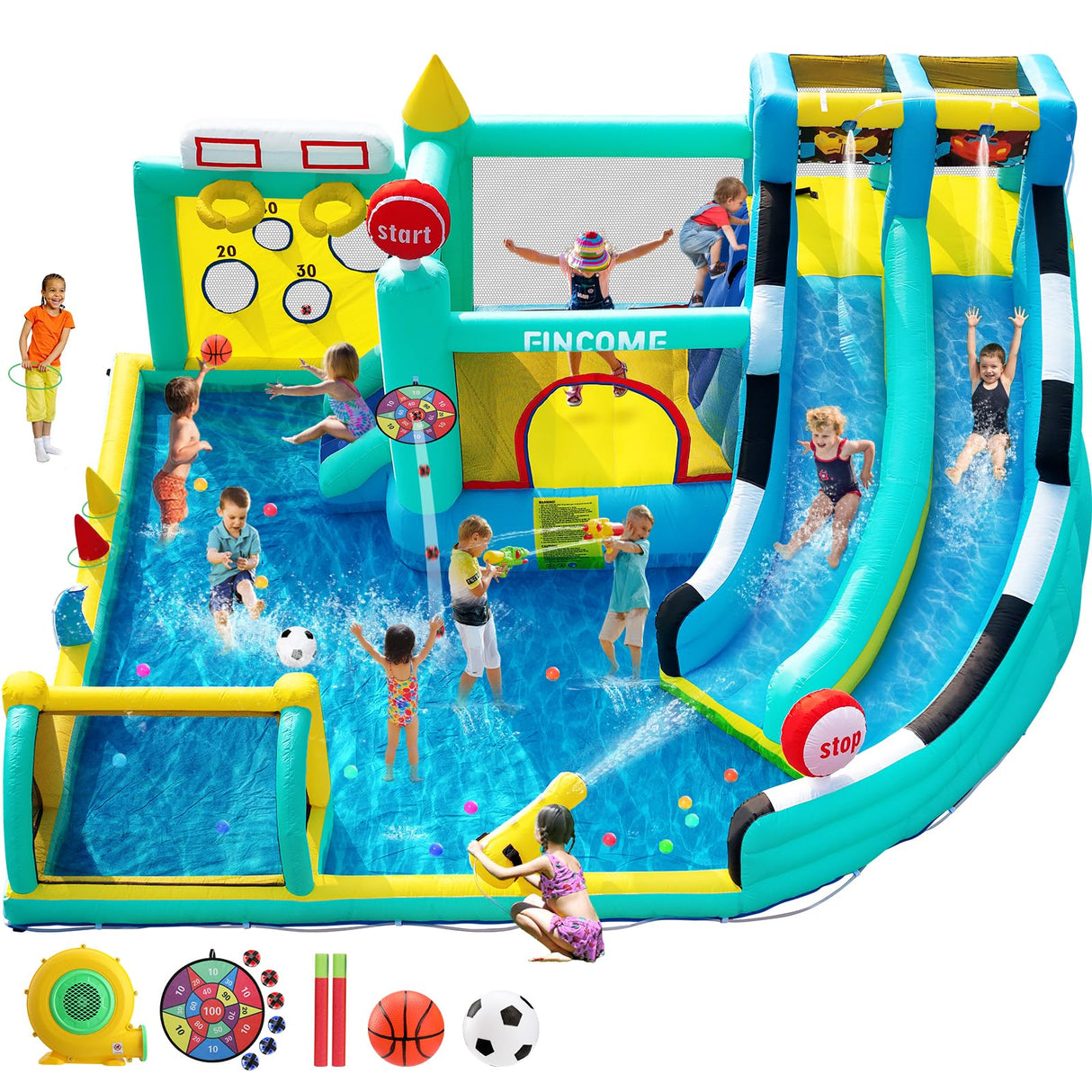 FINCOME Bounce House Double Slides for Kids 3-12, Large Bounce Castle with Air Blower 550W, Pool, Jumping, Climbing, Balls, Ring Toss, Inflatable Water Park for Birthday Party Holiday Outdoor Indoor FINCOME