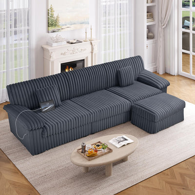 HIFIT 130" Modular Sectional Couches for Living Room with USB Port, Convertible L-Shaped Sectional Sofa Couch w/Storage Ottoman, 3 Seater Home Sofa Living Room Corduroy Cloud Couch for Bedroom, Grey