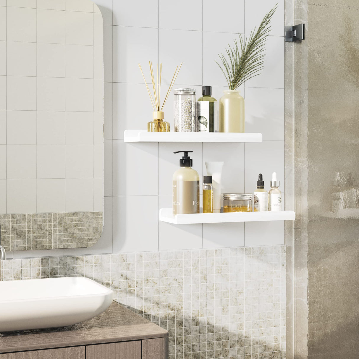 Love-KANKEI Floating Shelves Wall Mounted Set of 2, 17 Inch Rustic Wood Wall Shelves for Storage, Bedroom Living Room Bathroom Kitchen Office and More White Love-KANKEI