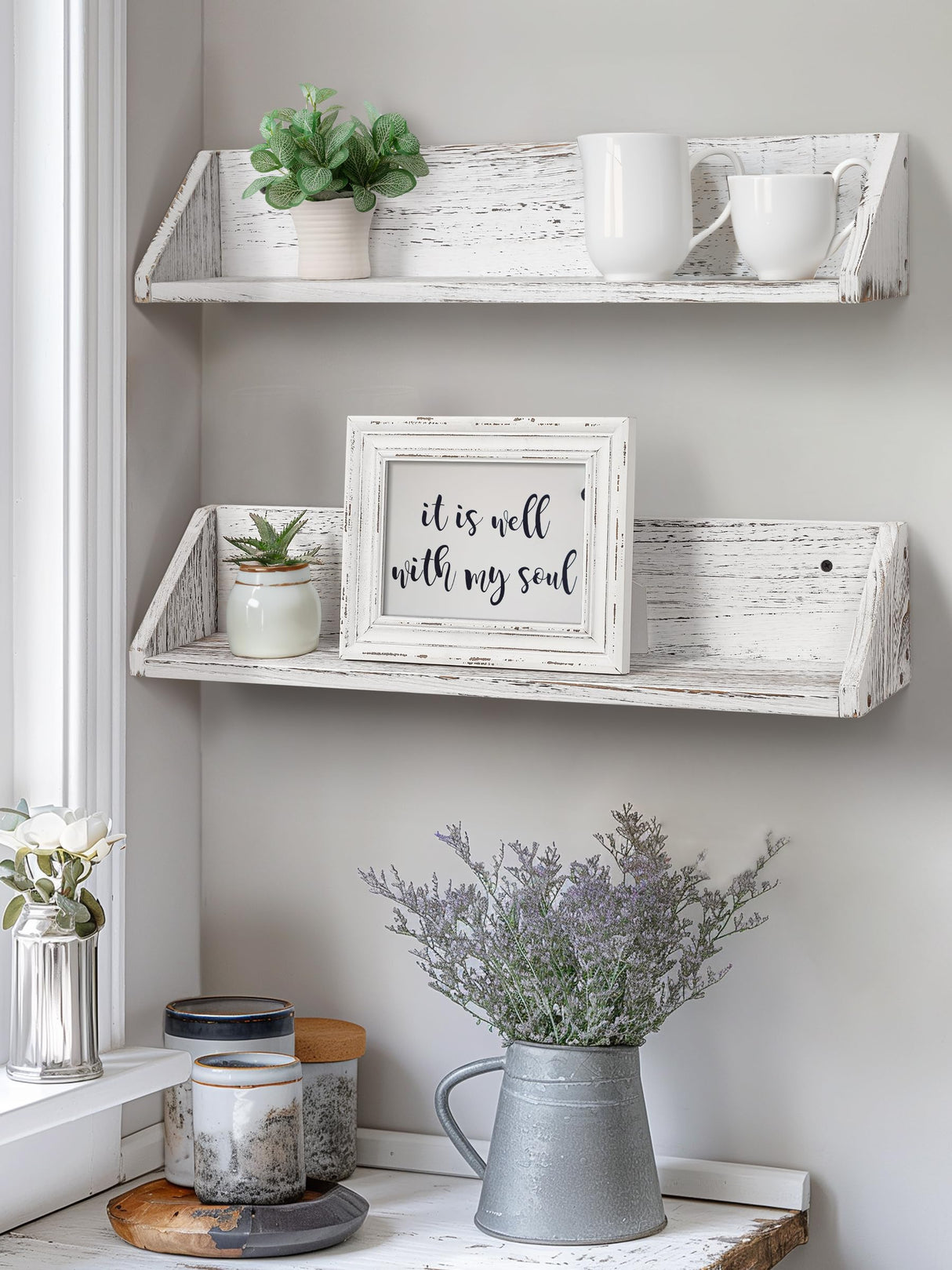 Gronda Kitchen Floating Shelves for Wall, Shabby Chic Wood Farmhouse Wall Mounted Shelf 2-Pack 24 Inches Whitewashed Shelves Hanging for Wall Gronda