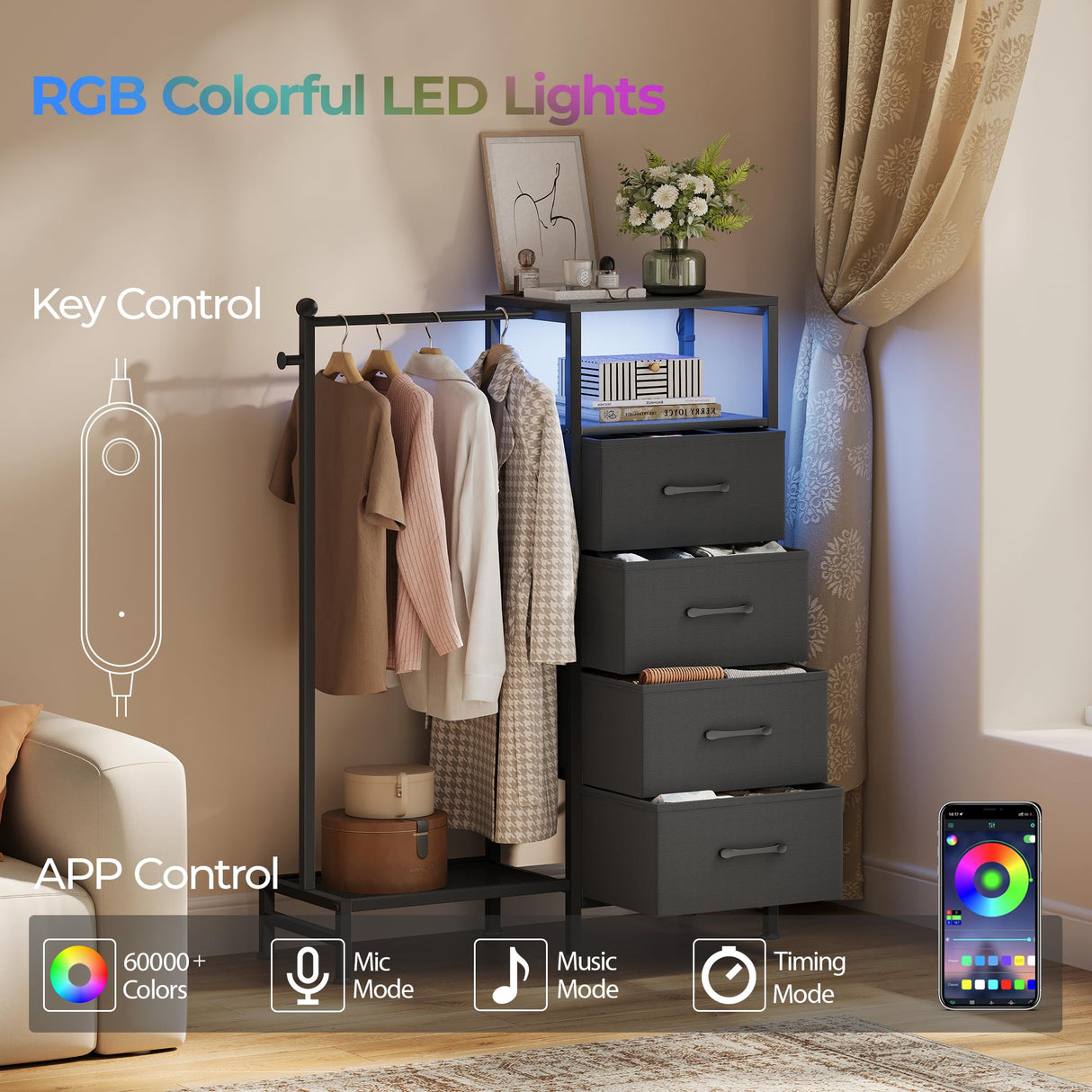 TRIFEBLE Dresser for Bedroom with Reversible Hanging Rack, 4 Drawers Dresser with LED Lights, Fabric Dressers with Open Shelf, Chest of Drawers with Clothes Rack, Kids Dressers for Bedroom, Black TRIFEBLE