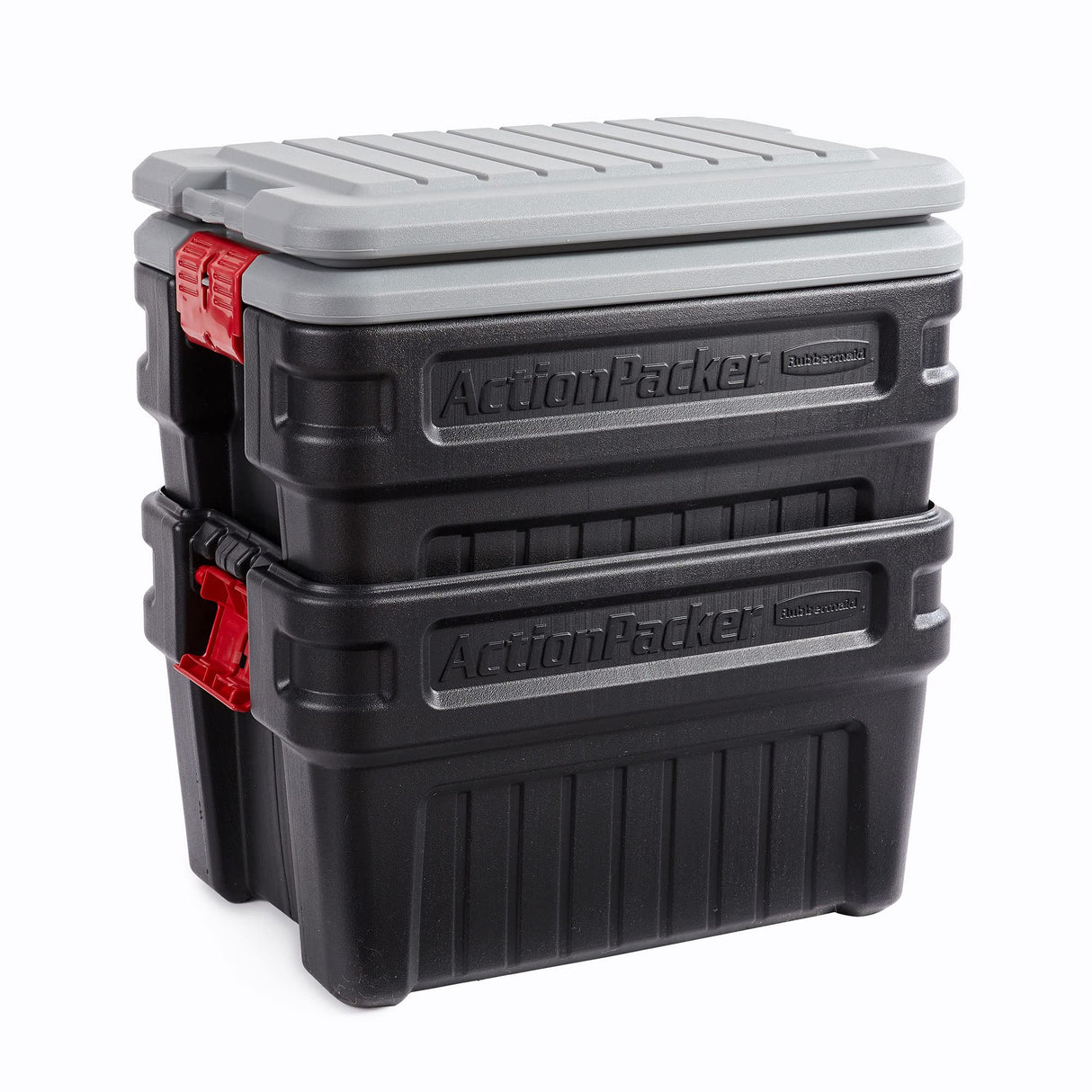 Rubbermaid ActionPacker️ 24 Gal Lockable Storage Box Pack of 2, Outdoor, Industrial, Rugged, Grey and Black Rubbermaid