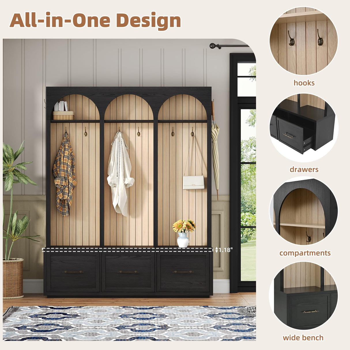 LUMISOL Farmhouse Entryway Hall Tree with Arched Design, 59" Entryway Bench with 3 Drawers, Entryway Coat Rack with 8 Retro Hooks, Rustic Hall Cabinet for Living Room Mudroom, Black LUMISOL
