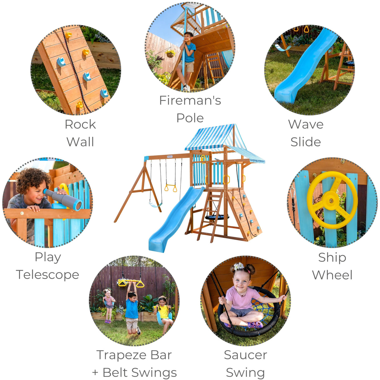 Teamson Kids Wooden Swing Sets for Backyard Outdoor Playset with Slide Rock Wall Trapeze Bar Fireman Pole Pirate Wheel Kids Playground with Swingset Holds 9 Children Ages 3 to 10 Teamson Kids
