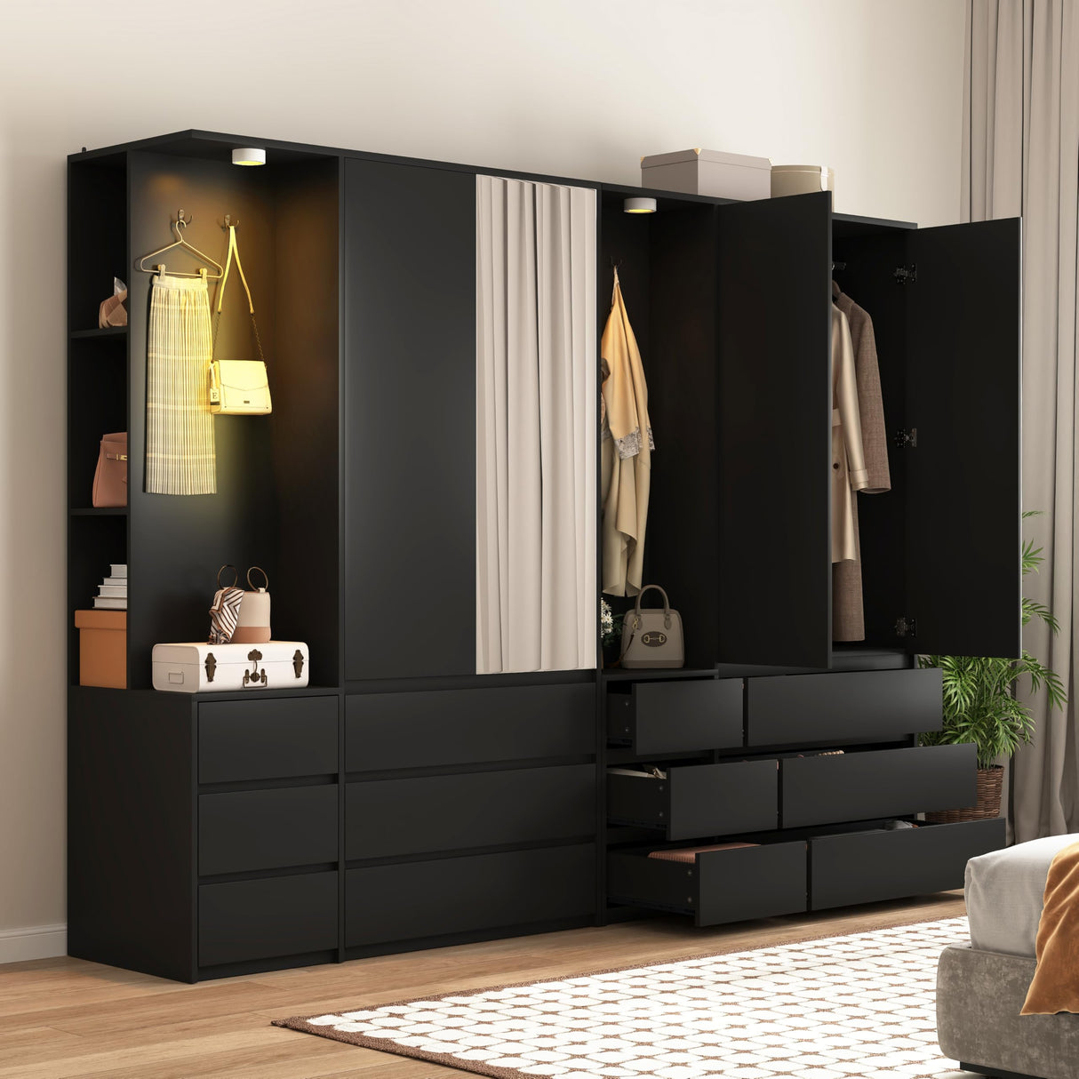 Armoire Wardrobe Closet with Mirror Door and LED Light, Bedroom Armoire with 6 Drawers, Modern Wooden Large Wardrobe Closet with Shelves, Wooden Armoire with Hanging Rod for Bedroom(Black) CORAZAZA
