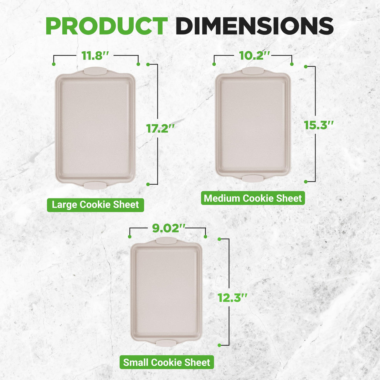 NutriChef 3 Piece Nonstick Cookie Sheets for Baking - Premium Carbon Steel Baking Pans with White Silicone Handles - Even Heat Distribution, PFOA/PFOS/PTFE Free, Easy to Clean - Cream Marble, NCBKT3CM NutriChef