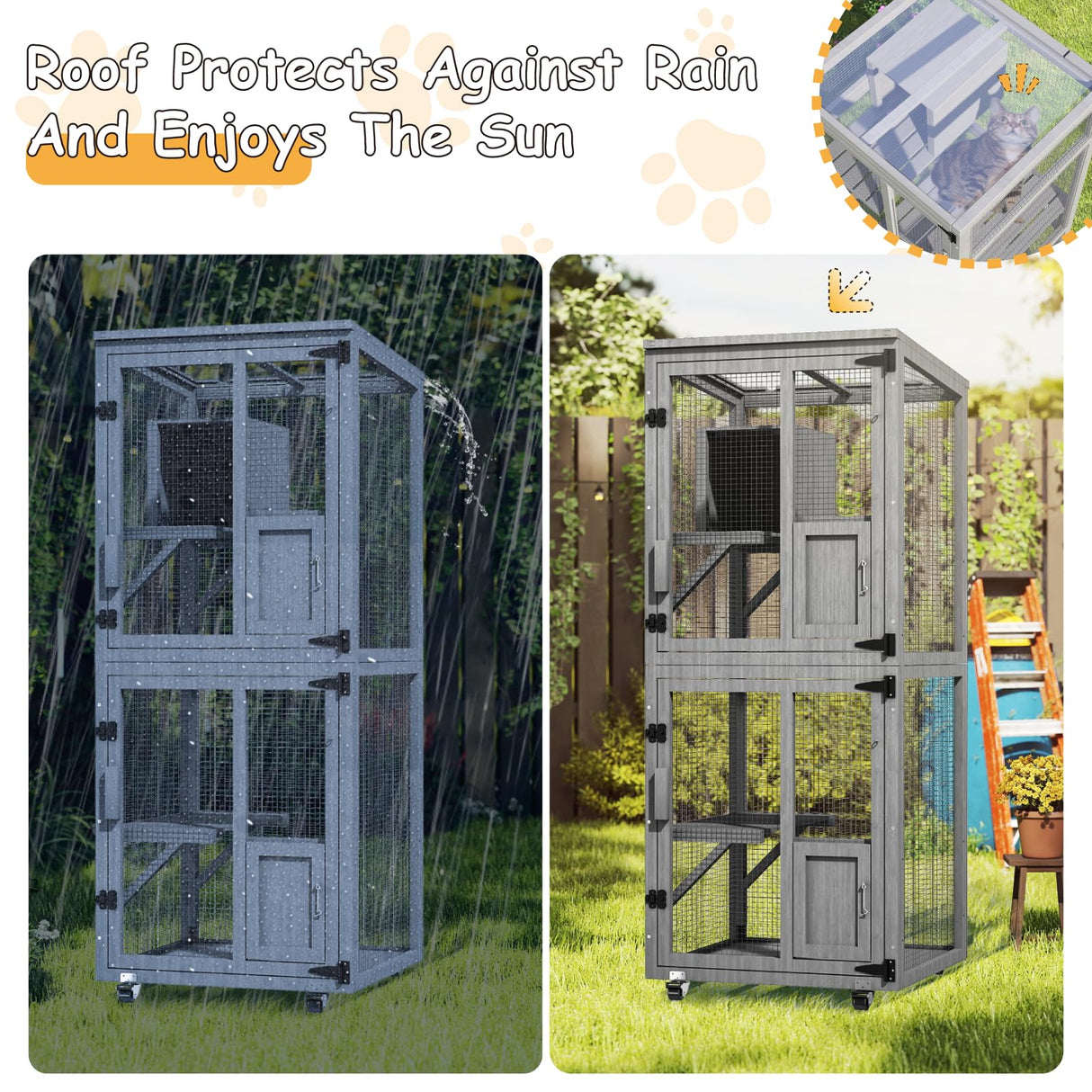 TRYKERPET 4 Tiers Catio Outdoor Cat Enclosure, Outdoor Cats House with 4 Wheels, Cat Enclosure Window Access with Removable Floor, Upgraded Resting Box, Waterproof Roof, Wooden Indoor Pet Cage, Grey TRYKERPET