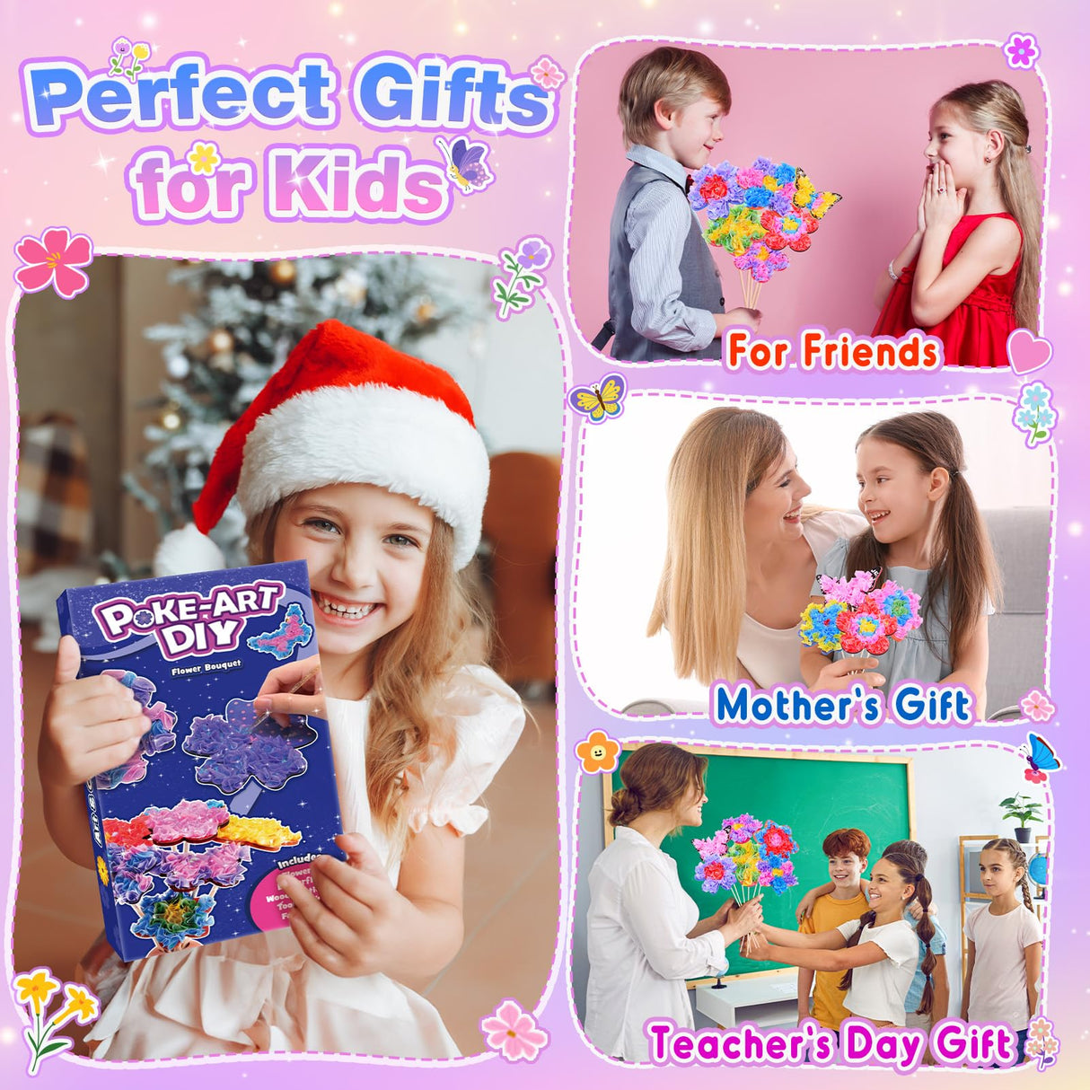 MDINGTD Toys for 4 5 6 7 8+ Year Old Girls, Poke Art Flower Bouquet with 8 Flowers & 2 Butterflies Arts and Crafts for Girls Ages 4-12 DIY Creative Activity Birthday Christmas Gifts Craft Kits MDINGTD