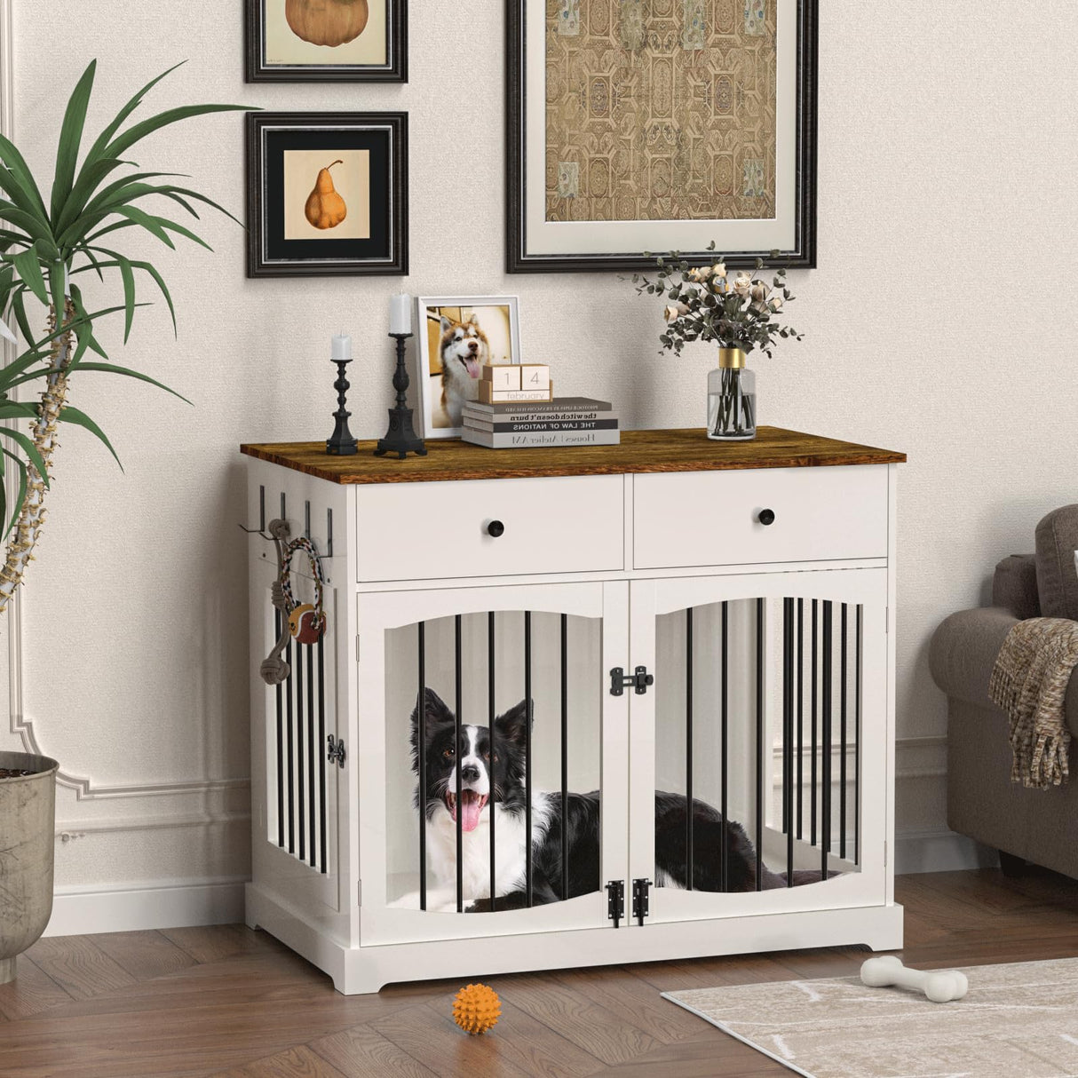 BREEZEHEAT 40 inch Dog Crate Furniture-Farmhouse Dog Kennel with Drawers-End Table Wooden Pet Crate, Double Door Design, Decorative Dog House Indoor for Small Medium Large Dog, White BREEZEHEAT