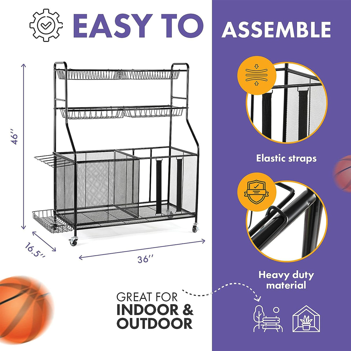 HOME IT Garage Sports Equipment Organizer - Garage Ball Storage Rack Organizer Holder with Baskets, Rolling Wheels & Breaks - Large Capacity Heavy Duty Steel Ball Storage Cart HOME IT