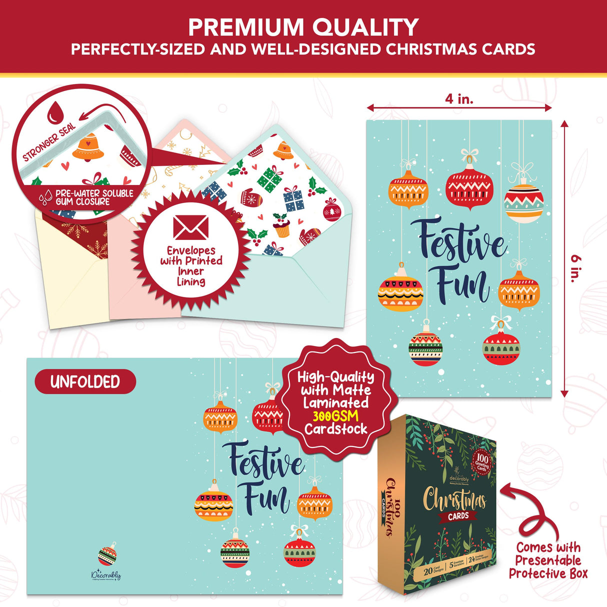 Decorably 100 Pack Foiled and Glittery Assorted 6x4in Christmas Cards Bulk with Envelopes and Stickers, 20 Adorable Designs Christmas Cards 100 Pack With Printed Message Inside Decorably