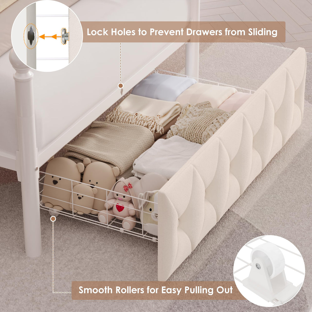 HIFIT Kids Twin Upholstered LED Canopy Bed Frame with Storage and Charging Station, Button Tufted Storage Headboard with Bookshelf, Two-Use Girls Metal Platform Bed, 4 Removable Post & 2 Drawer, Beige HIFIT