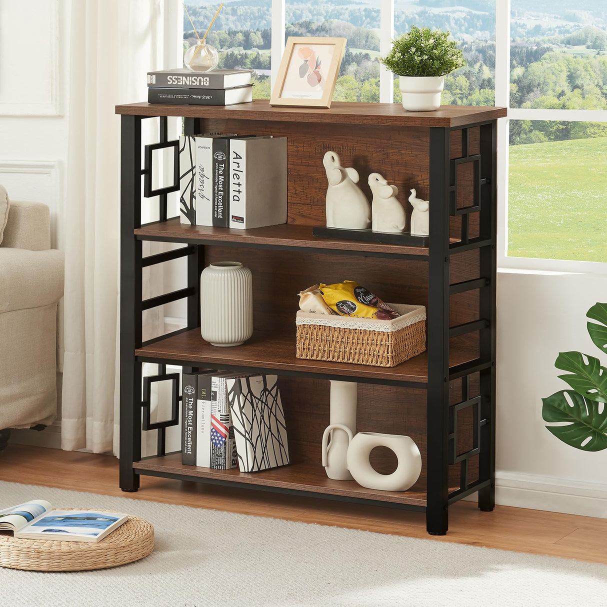 HOMISSUE Book Shelf, 4 Tier Deep Bookshelf with Storage, Engineered Wood and Metal Shelf Bookcase, Low Short Bookcases for Small Space, Living Room, Bedroom, Office, Rustic Brown