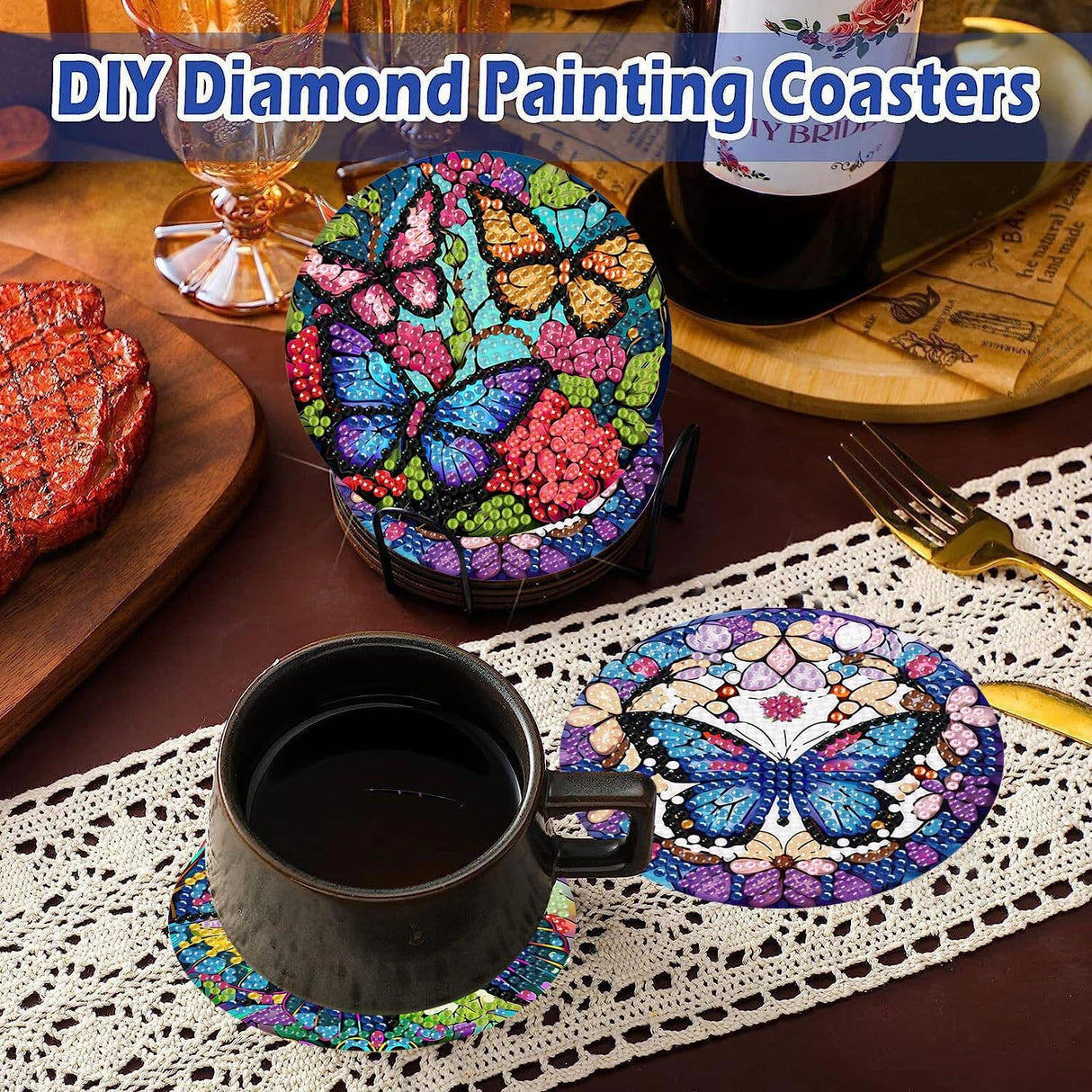 Mrnsiet 8 Pcs Butterfly Diamond Painting Coasters Kits with Holder, DIY Butterfly Diamond Art Coaster Non Slip Coaster for Tabletop Protection 4x4 Inch Mrnsiet