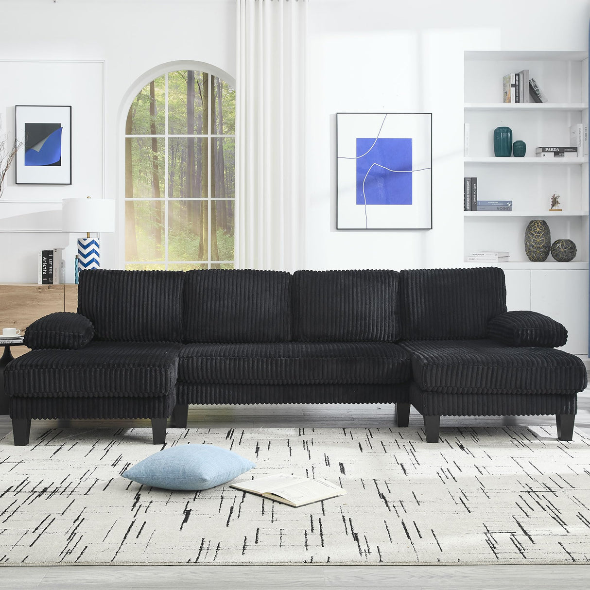 KEIKI 114" U-Shaped Oversized Modular Velvet Sectional Sofa with 2 Chaise Lounge, Modern Style Upholstered 4-Seater Couch with Soft Seat Cushions, Easy Assembly, for Apartment, Living Room, Black KEIKI
