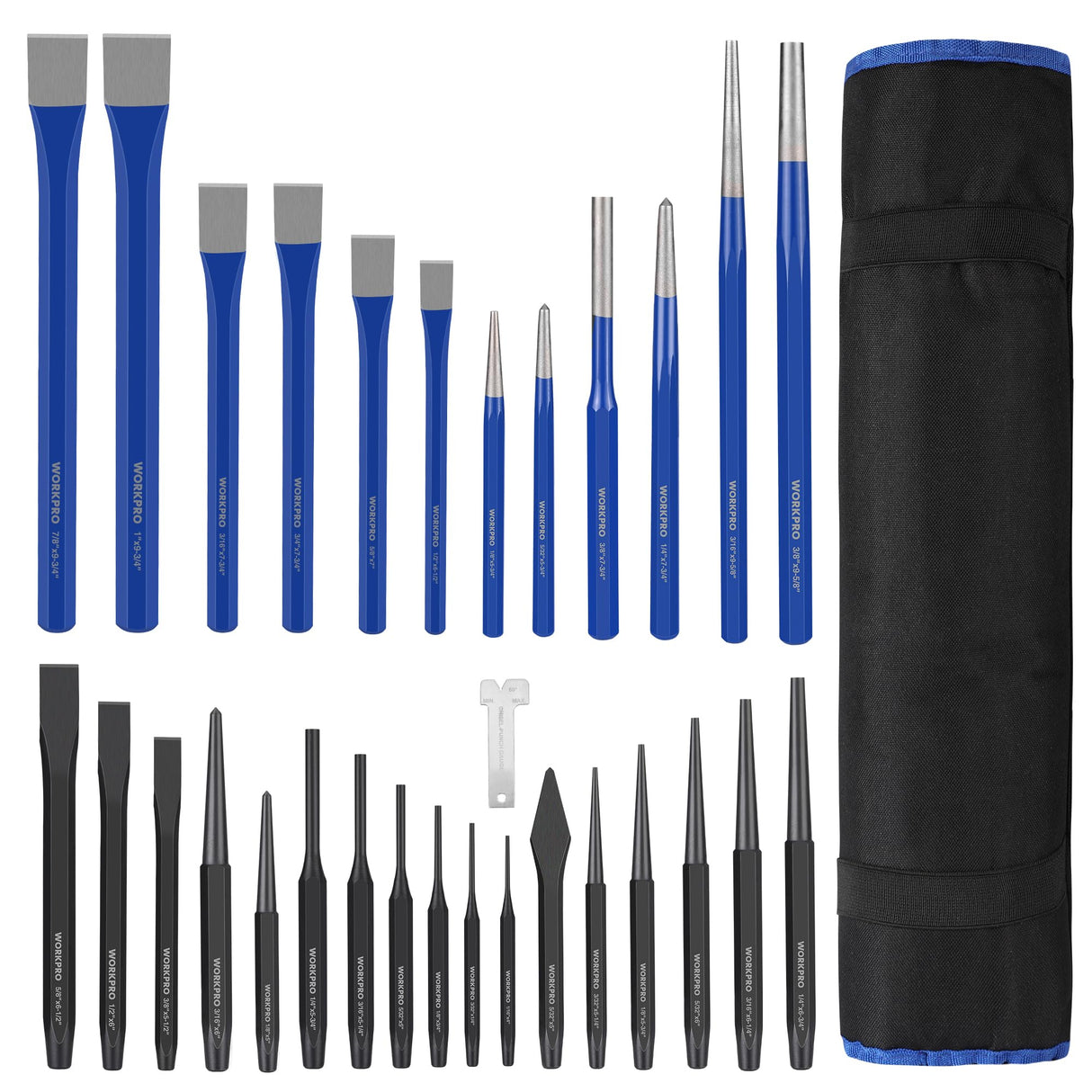 WORKPRO 30 PCS Heavy Duty Punch and Chisel Set with Roll Pouch, Cold & Cape Chisel, Center, Pin & Taper Punch, and Gauge, Blackened and Painted Finish for Durability WORKPRO