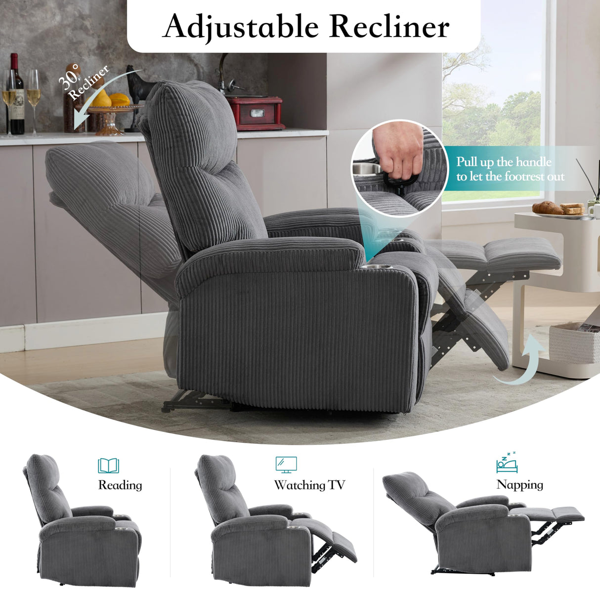 Manual Recliner Chair with Pull Ring, 3 Position 140° Reclining Sofa for Living Room, Nursery, RV, and Office,Oversized Recliner Chairs for Adults(Grey Corduroy Fabric) AIWOEN