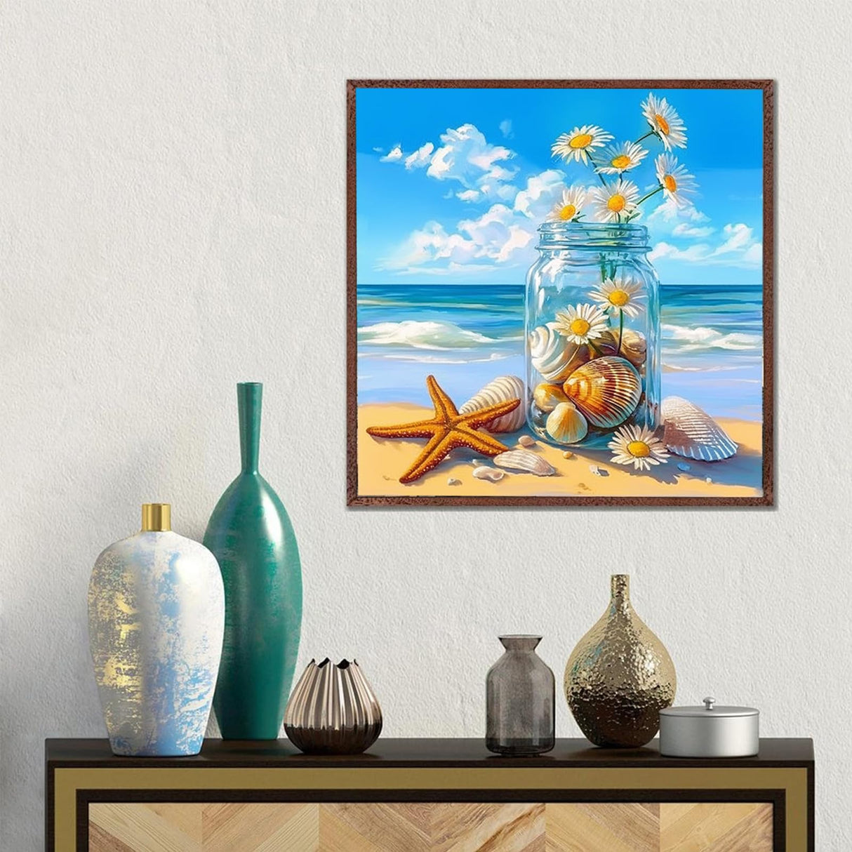 Beach Vase Diamond Art Kits for Adults Beginners,Beach Diamond Painting Kit DIY 5D Full Round Drill Daisy Painting with Diamonds Dot Gem Art Crafts for Wall Decor 12x12IN DIYDECORFUN