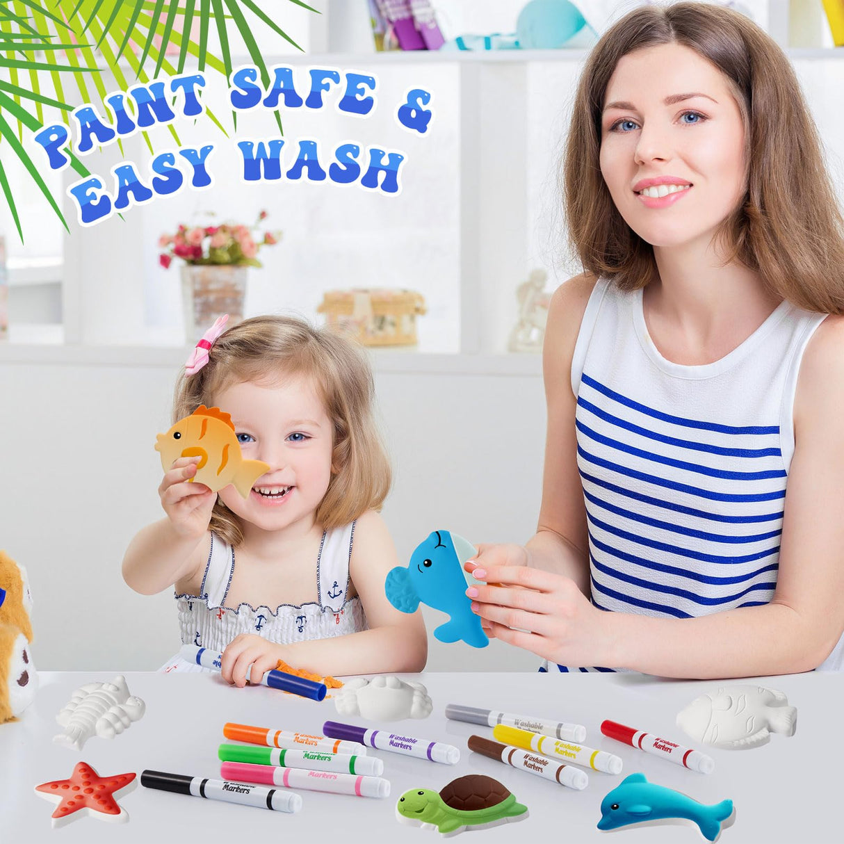 Janlaugh 22 Pcs Ocean Animals Ceramic Painting Kit with 10 Washable Markers Sea DIY Animals Ceramic Figurines to Paint, Paint Your Own Dolphin Octopus Turtle Starfish Seal Whale Toy Crafts for Kid Janlaugh