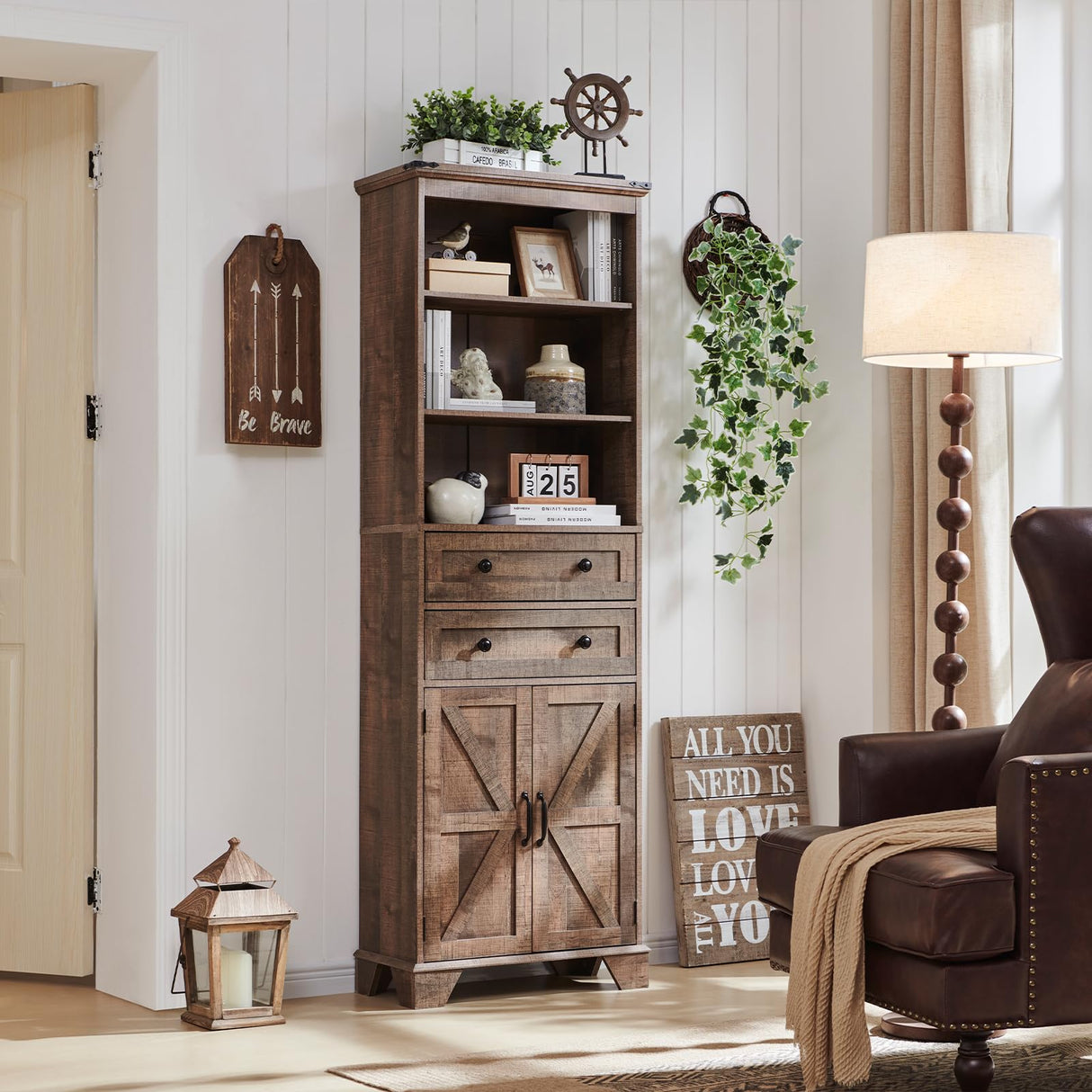 ACCOHOHO Farmhouse Bathroom Cabinet, 72" Tall Storage Cabinet with 2 Drawers, Adjustable Shelves & Barn Door, Cabinets for Bathroom, Living Room, Kitchen, Rustic Brown ACCOHOHO