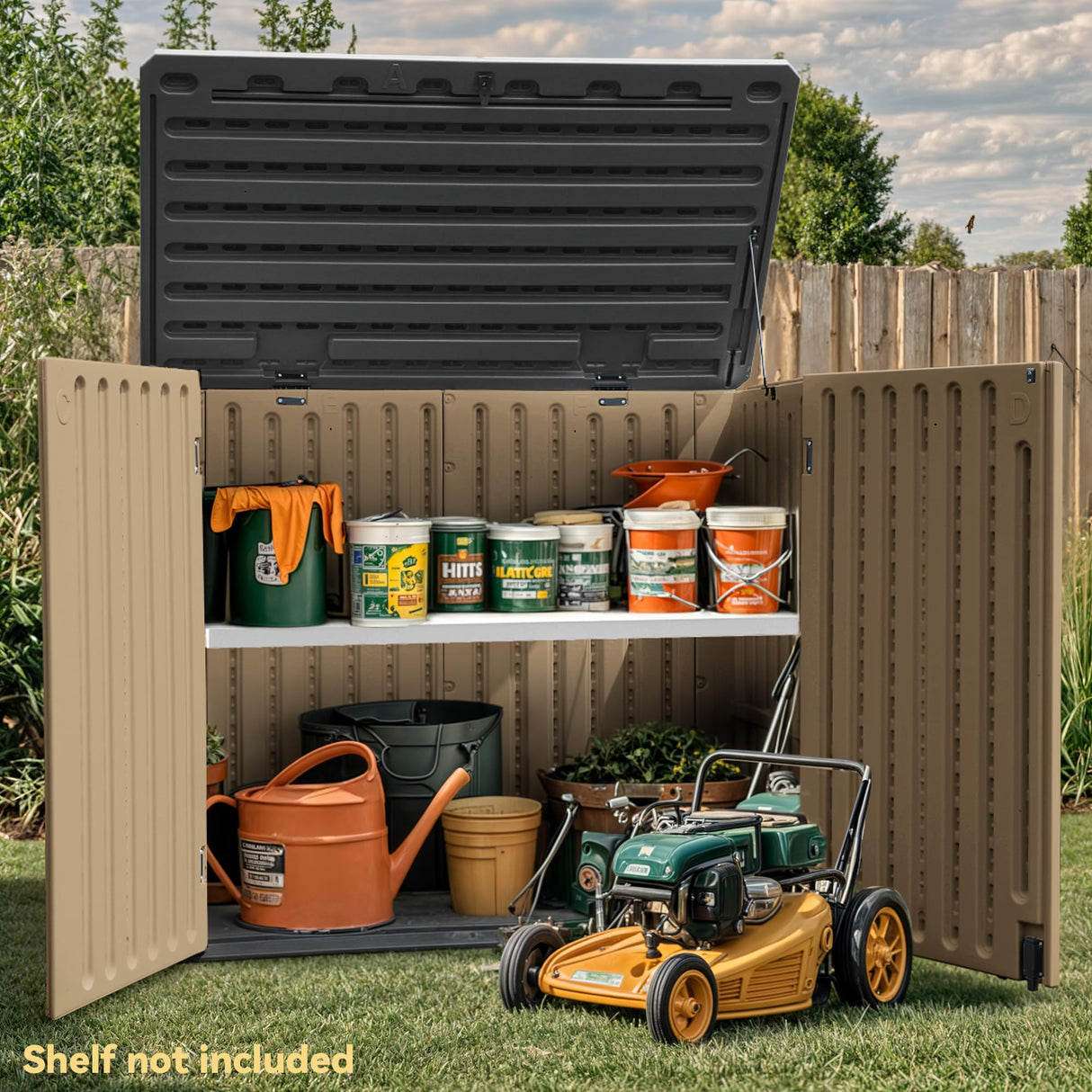DWVO Outdoor Weather-Resistant Horizontal Storage Shed, 35 Cu Ft Capacity, Lockable and Waterproof, Suitable for Storing Garden Tools, Brown DWVO