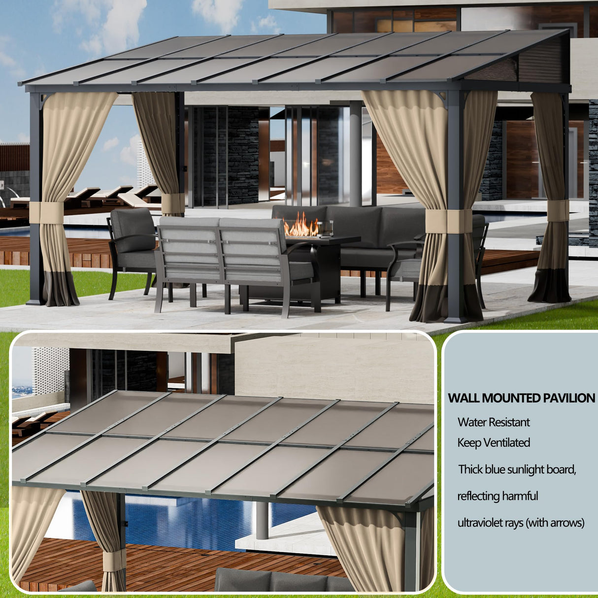 ASJMR 10x14FT Gazebo, Hardtop Wall Mounted Gazebo with Sloping Sun Panel Roof, Awnings for Patio with Metal Frame, Double Curtains for Garden, Lawn, Backyard Deck, Sand ASJMR