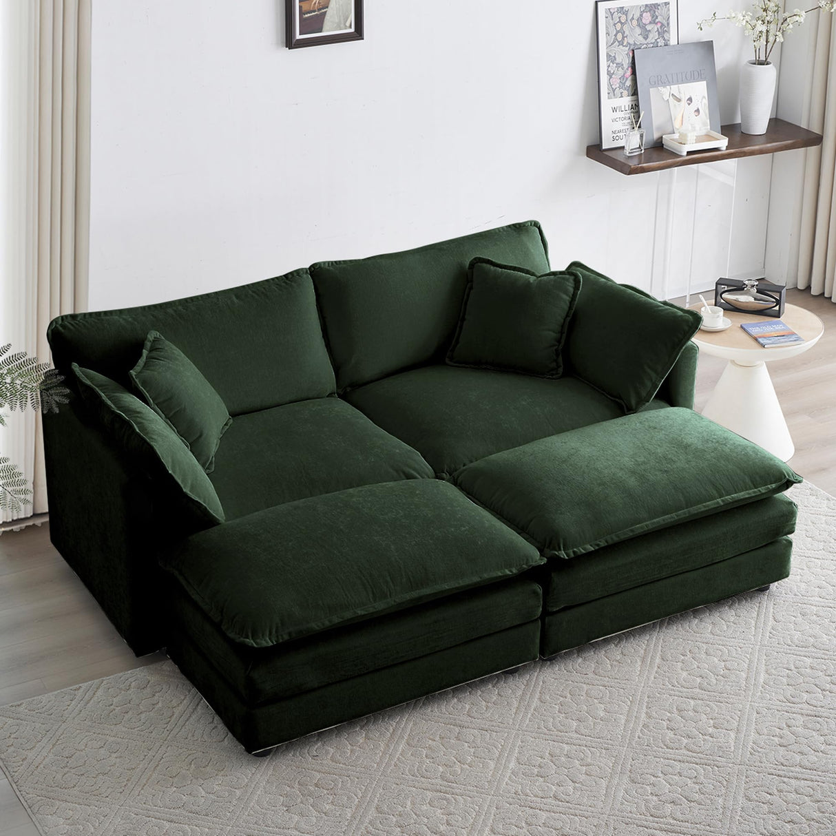 76.7" Deep Seat Sectional Cloud Sofa with 2 Ottomans & Soft Pillows, Loveseat Modular Couch for Living Room, Apartment, Small Space, Dark Green Chenille Tmsan